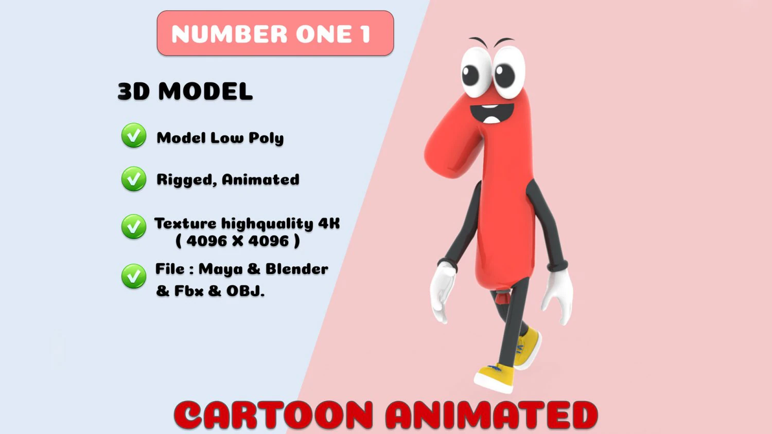 Number One 1 Cartoon Animated 3D Model .c4d .max .obj .3ds .fbx .stl .blend