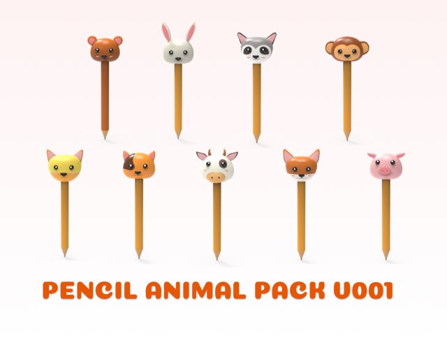 Pencil with animal school supplies collection 1 3D 模型 .c4d .max .obj .3ds .fbx .stl .blend