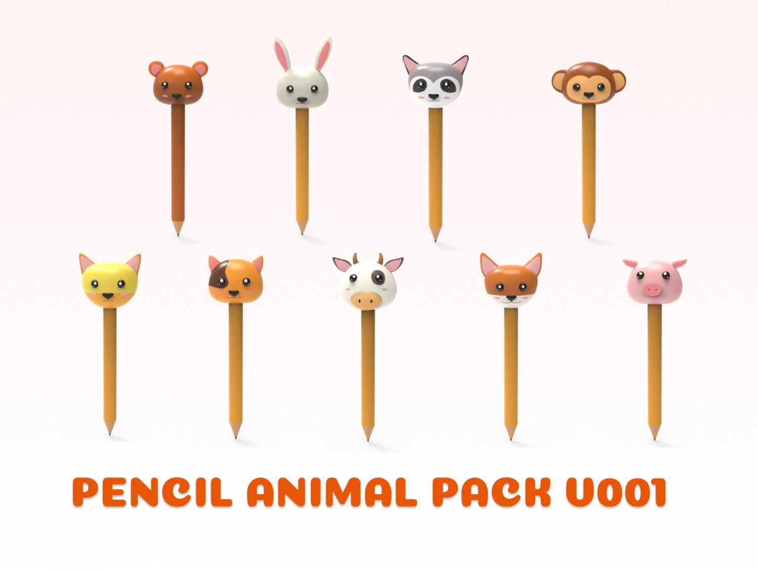Pencil with animal school supplies collection 1 3D Model .c4d .max .obj .3ds .fbx .stl .blend 