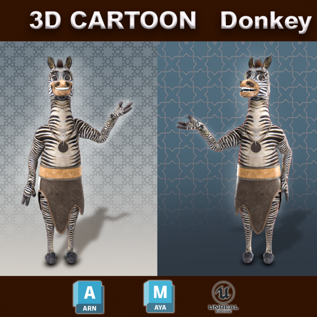 Cartoon Donkey Rigged Model 3D .c4d .max .obj .3ds .fbx .stl .blend 