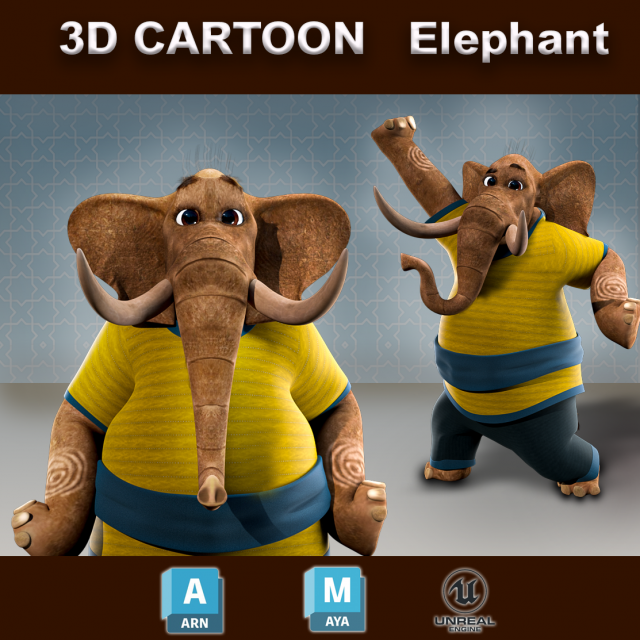 Cartoon Elephant Rigged 3D Модель .c4d .max .obj .3ds .fbx .stl .blend 