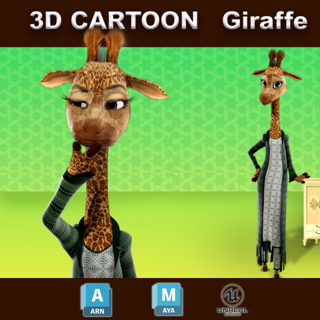 Cartoon Giraffe Rigged 3D Модель .c4d .max .obj .3ds .fbx .stl .blend 