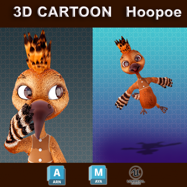 Cartoon Hoopoe Rigged Model 3D .c4d .max .obj .3ds .fbx .stl .blend 