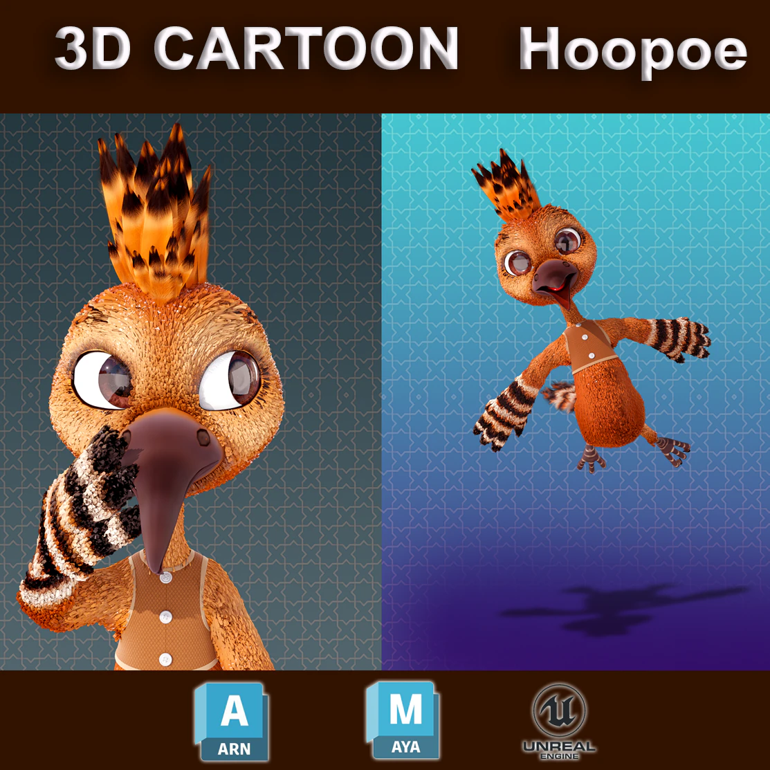 Cartoon Hoopoe Rigged 3D Model .c4d .max .obj .3ds .fbx .stl .blend 