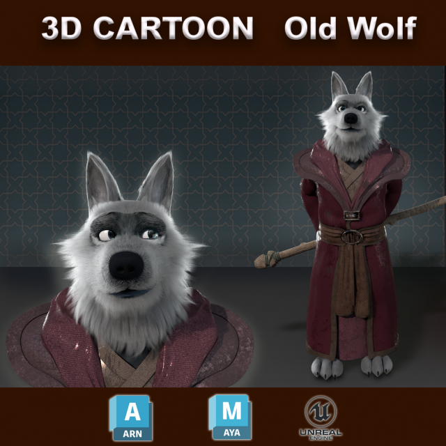 Cartoon old Wolf Rigged 3D Model .c4d .max .obj .3ds .fbx .stl .blend 