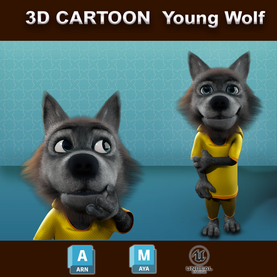 Cartoon Young Wolf Rigged 3D Model .c4d .max .obj .3ds .fbx .stl .blend 