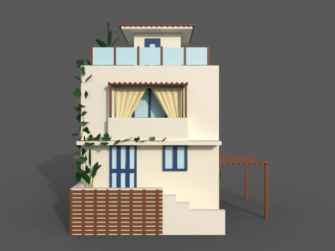 Maison espagnole Low Poly avec plantes Modèle 3D
