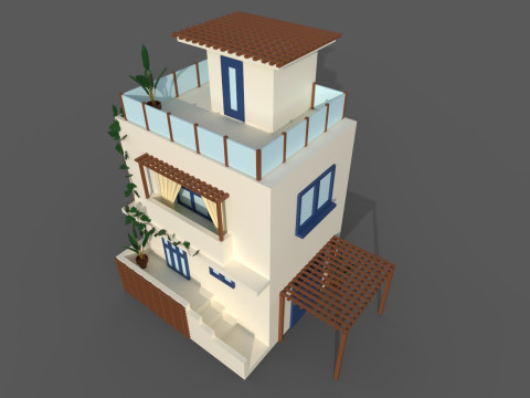 Low Poly Spanish House with plants 3D Model