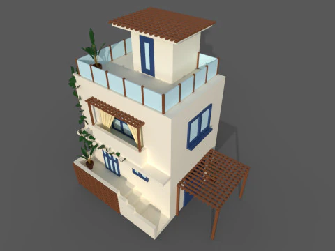 Low Poly Spanish House with plants 3D Model