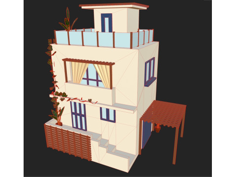 Low Poly Spanish House with plants 3D Model