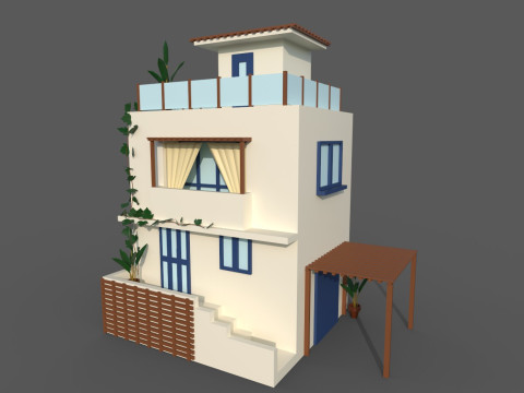 Low Poly Spanish House with plants 3D Model