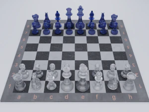 Pe&ccedil;as de vidro fosco de jogo de xadrez e tabuleiro de pedra Modelo 3D