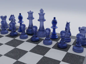 Pe&ccedil;as de vidro fosco de jogo de xadrez e tabuleiro de pedra Modelo 3D