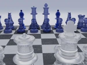 Pe&ccedil;as de vidro fosco de jogo de xadrez e tabuleiro de pedra Modelo 3D