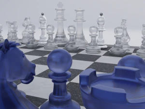 Pe&ccedil;as de vidro fosco de jogo de xadrez e tabuleiro de pedra Modelo 3D