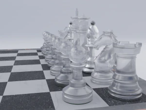 Pe&ccedil;as de vidro fosco de jogo de xadrez e tabuleiro de pedra Modelo 3D