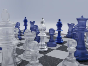 Pe&ccedil;as de vidro fosco de jogo de xadrez e tabuleiro de pedra Modelo 3D