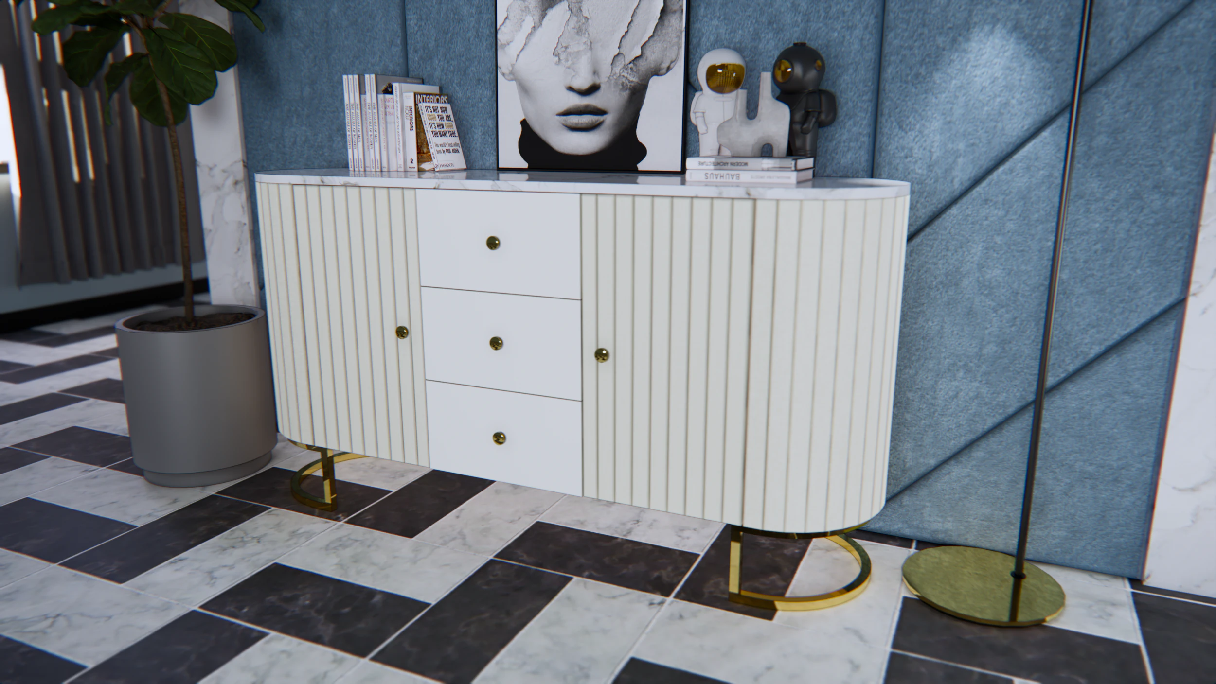 Buffet minimalist 2 doors 3 drawer 3D Model .c4d .max .obj .3ds .fbx .stl .blend 