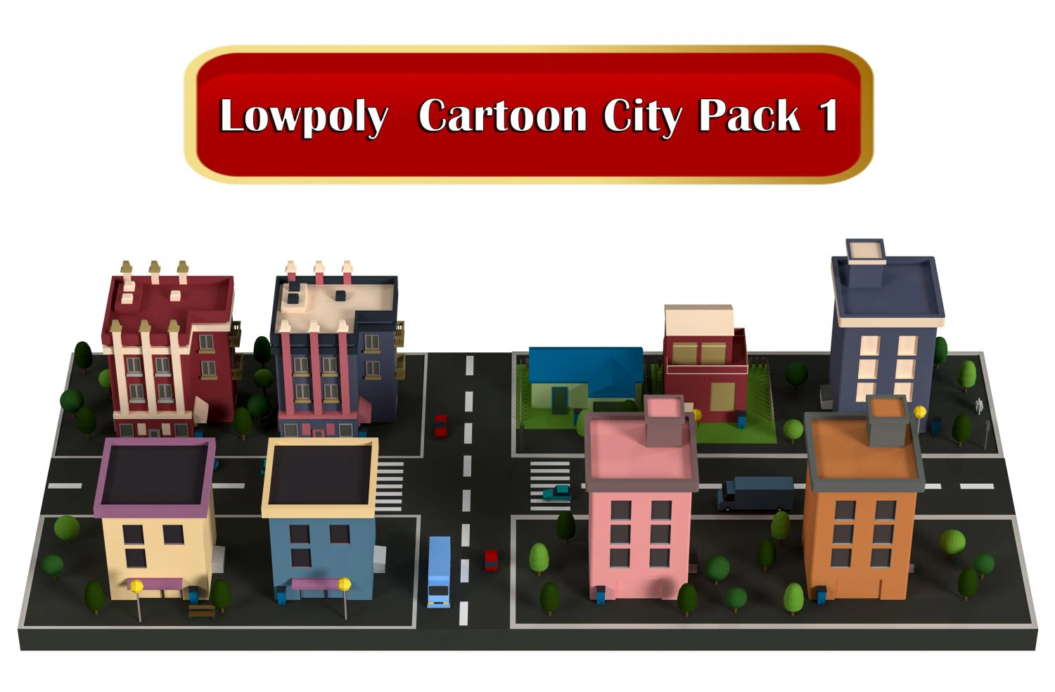 Lowpoly Cartoon City Pack 1 3D Model .c4d .max .obj .3ds .fbx .stl .blend 