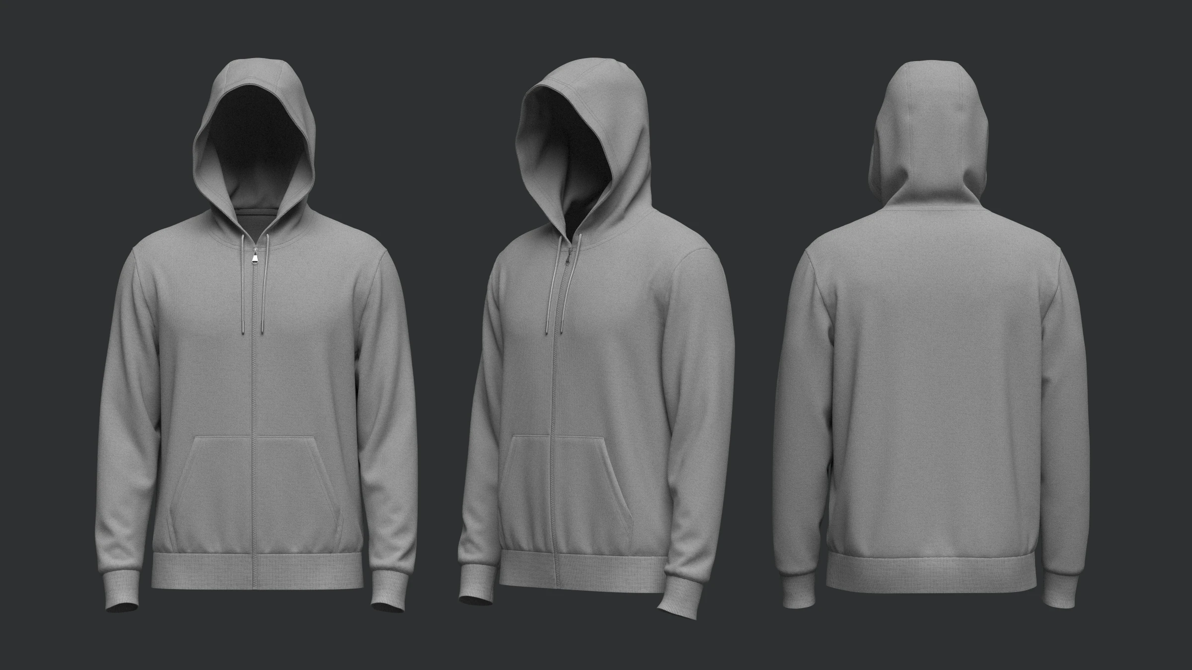 Male Front Zip Hoodie Hood Up 3D Model .c4d .max .obj .3ds .fbx .stl .blend 
