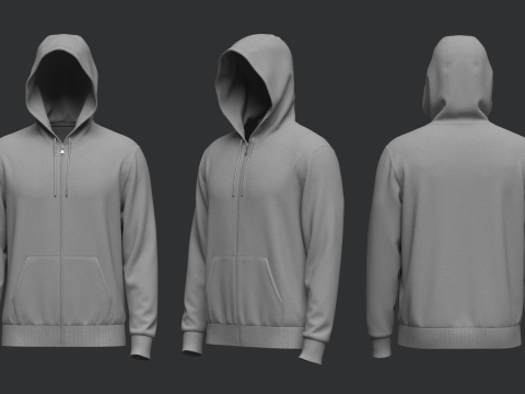 Male Front Zip Hoodie Hood Up 3Dモデル