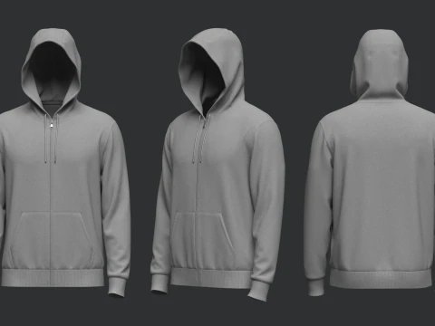 男性フロント ジップ パーカー フードをかぶった状態 3Dモデル