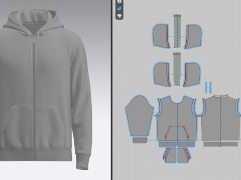 Male Front Zip Hoodie Hood Off 3D Model