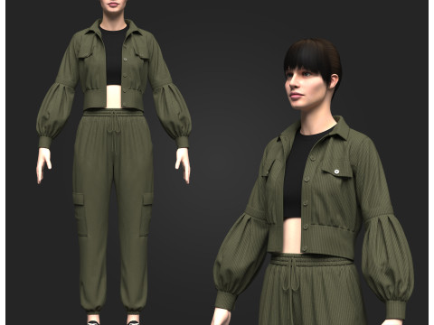 Womens Corduroy Cropped Jacket Outfit 3Dモデル