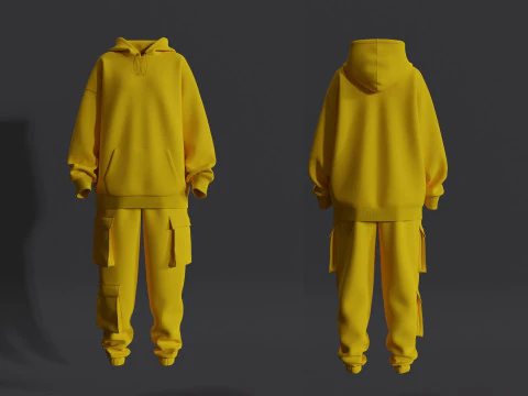 Conjunto feminino com capuz grande e cal&ccedil;a cargo Modelo 3D