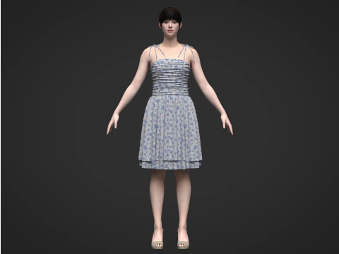 Vestido cami franzido em camadas com gravata nos ombros Modelo 3D