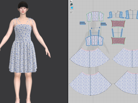 Tie Shoulder Layered Ruched Cami Dress Modelo 3D