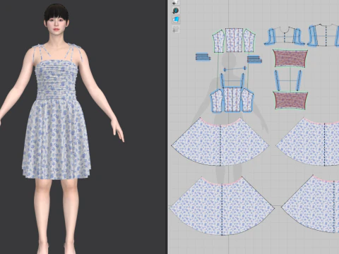 Tie Shoulder Layered Ruched Cami Dress 3D Model