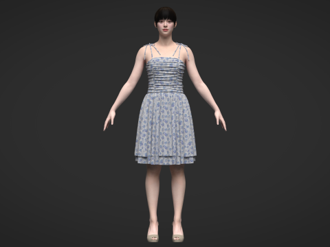 Tie Shoulder Layered Ruched Cami Dress Modelo 3D