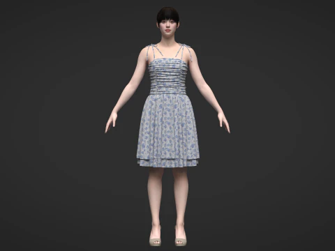 Tie Shoulder Layered Ruched Cami Dress 3D Model