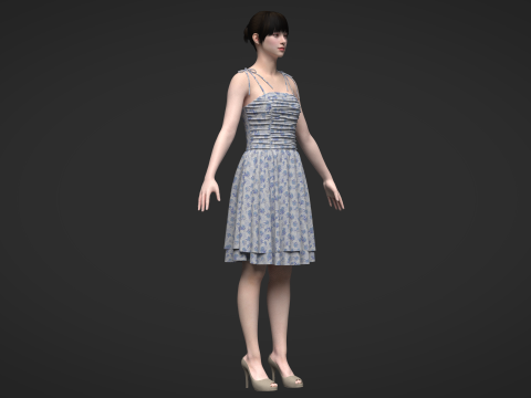 Tie Shoulder Layered Ruched Cami Dress Modelo 3D