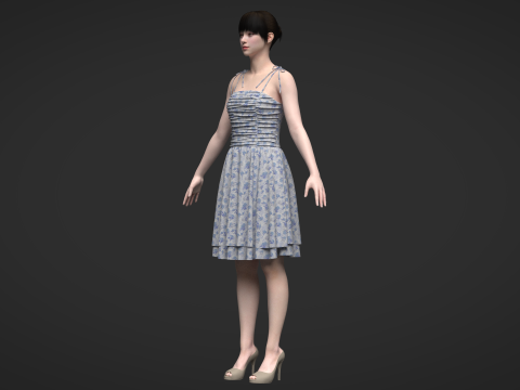 Tie Shoulder Layered Ruched Cami Dress Modelo 3D