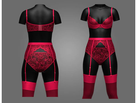 Ensemble de lingerie porte-jarretelles en dentelle rose Modèle 3D