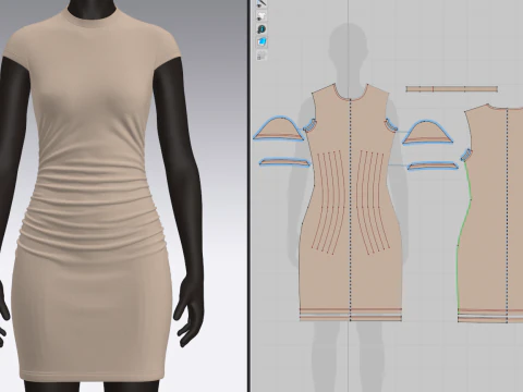 Op&ccedil;&atilde;o de mini vestido franzido com manga curta Modelo 3D