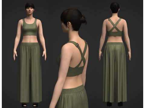 Top femminile e pantaloni a gamba larga con volant Modello 3D