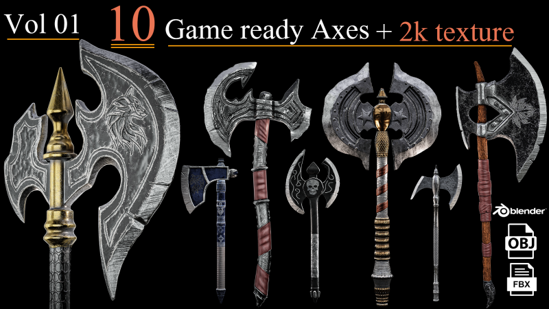 Game Ready Axes Low poly Modelo 3D .c4d .max .obj .3ds .fbx .stl .blend 