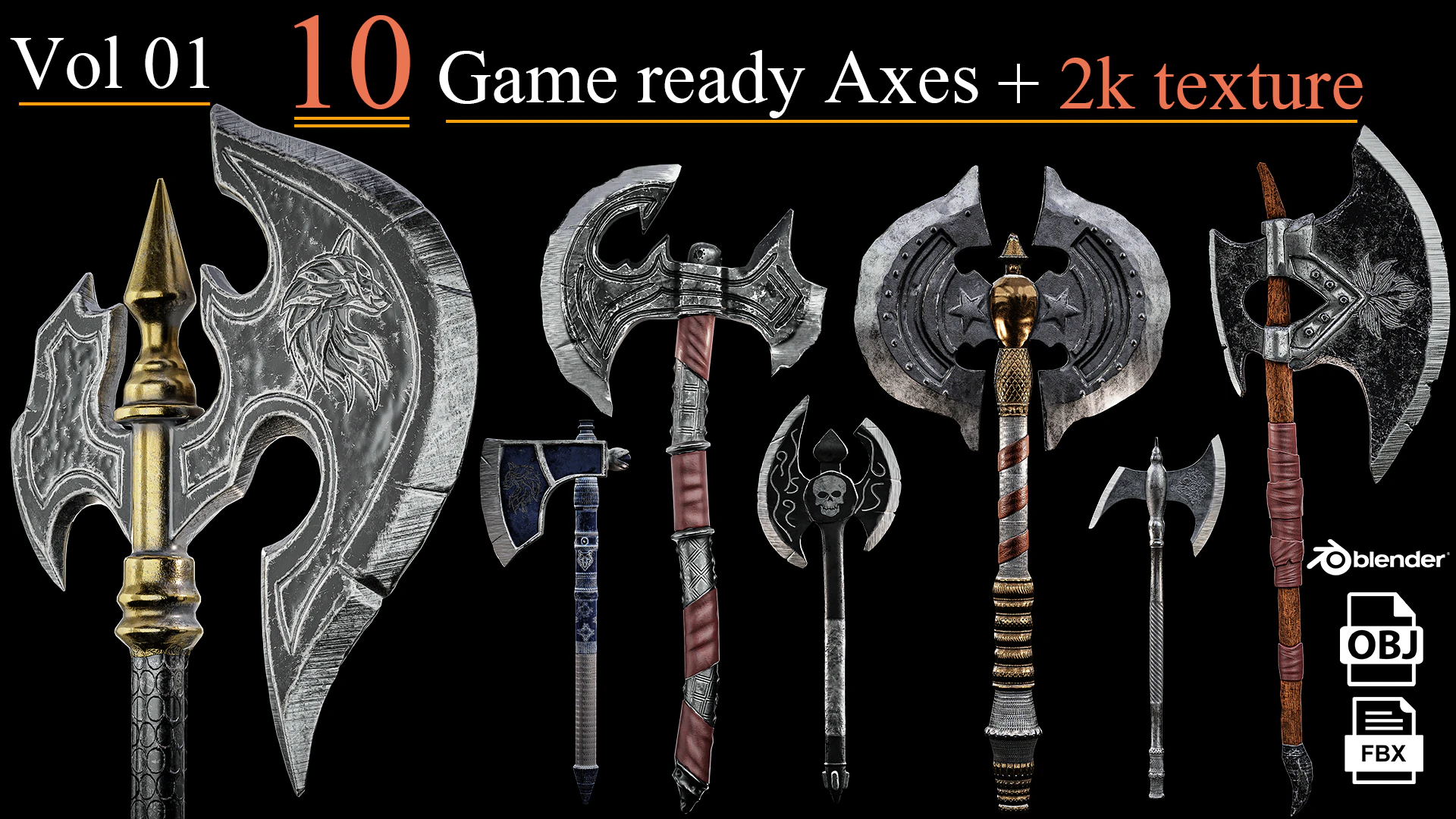 Game Ready Axes Low poly 3D Model .c4d .max .obj .3ds .fbx .stl .blend