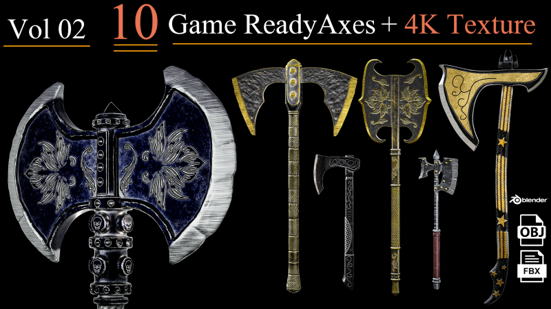 Game Ready Axes Low poly Vol 02 Modello 3D .c4d .max .obj .3ds .fbx .stl .blend 