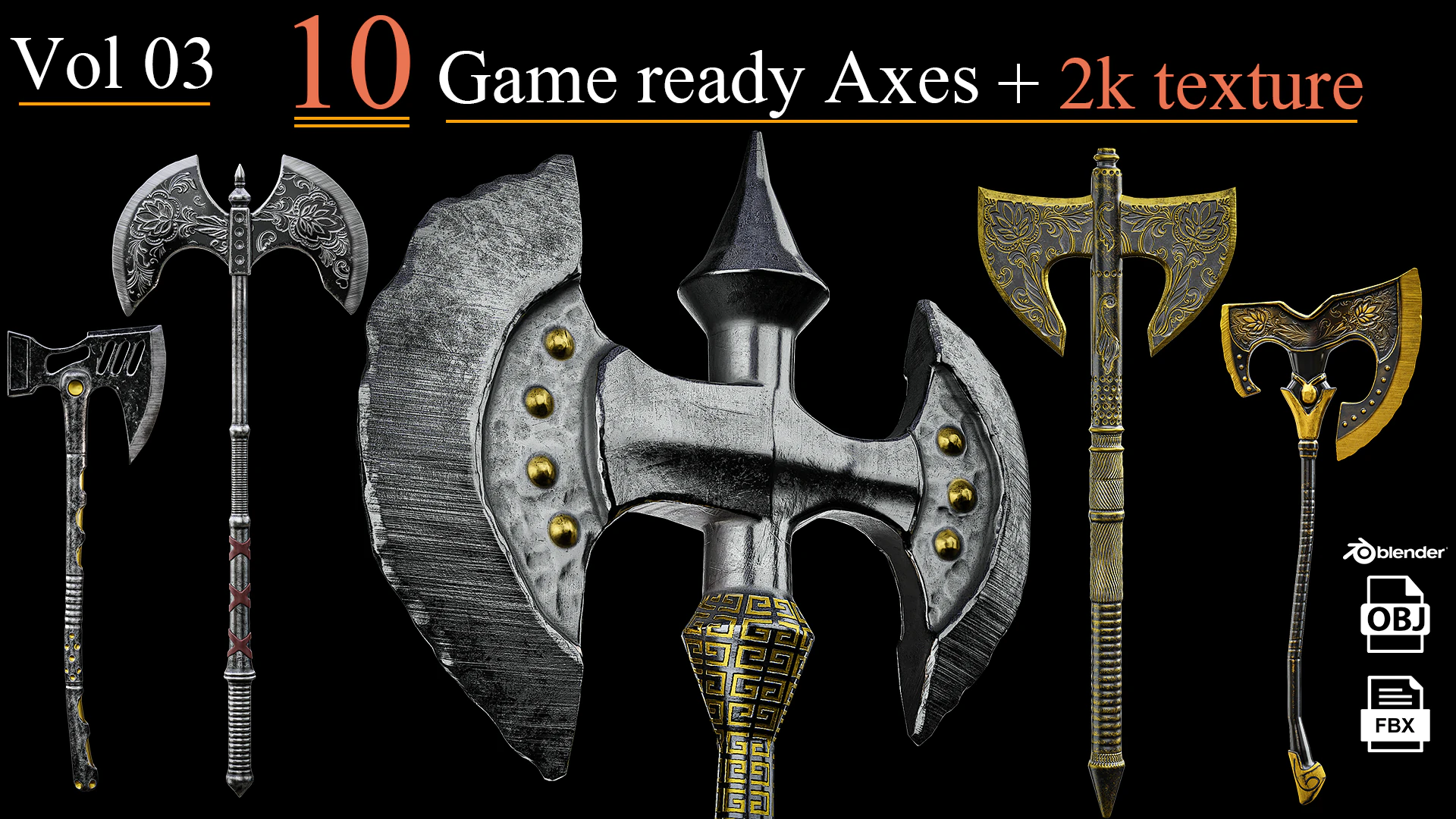 Game Ready Axes Low poly Vol 03 3D Model .c4d .max .obj .3ds .fbx .stl .blend