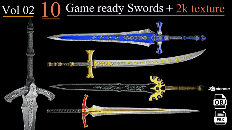 Game Ready Swords Low poly Vol 02 3D Модель .c4d .max .obj .3ds .fbx .stl .blend 