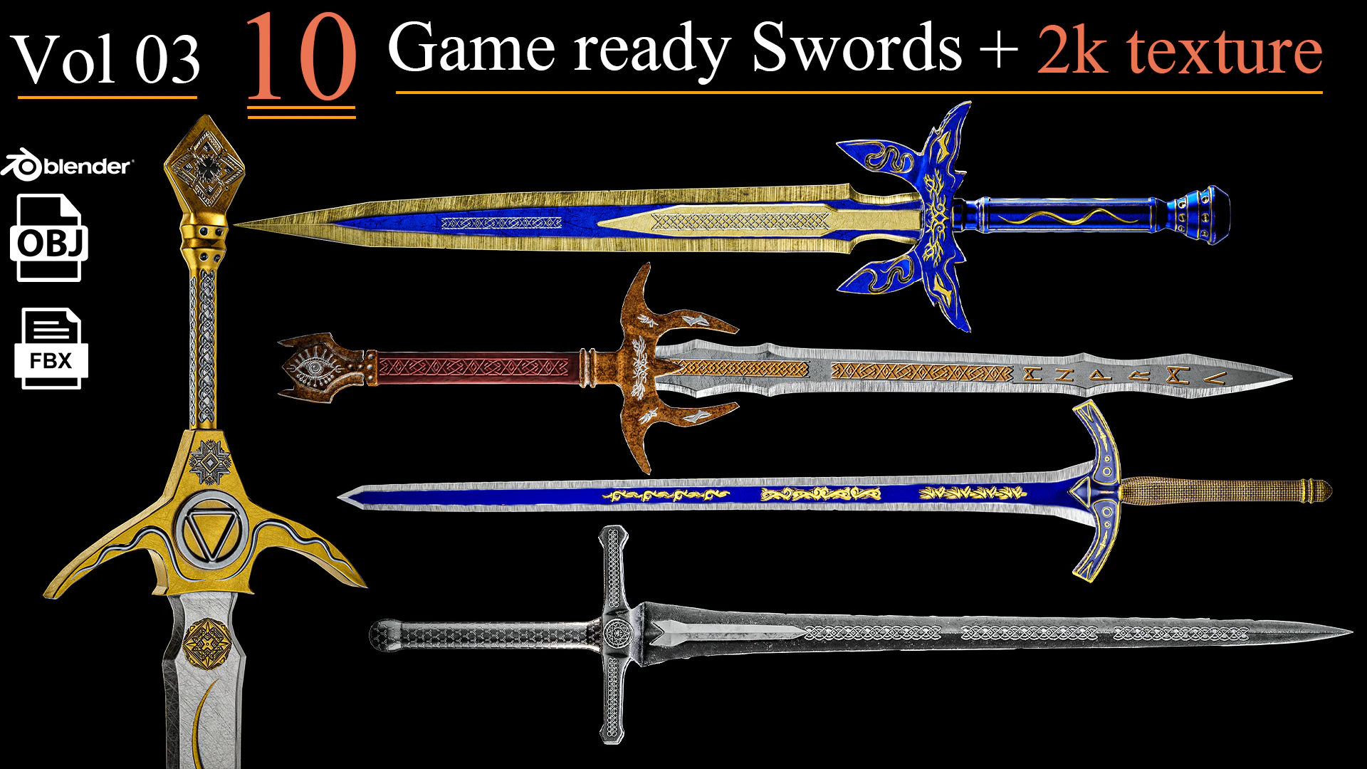 Game Ready Swords Low poly Vol 03 3D Model .c4d .max .obj .3ds .fbx .stl .blend 
