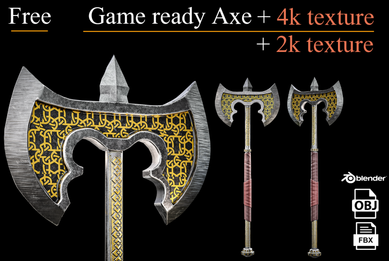 Free Game Ready Axe Low poly 3D मॉडल .c4d .max .obj .3ds .fbx .stl .blend 
