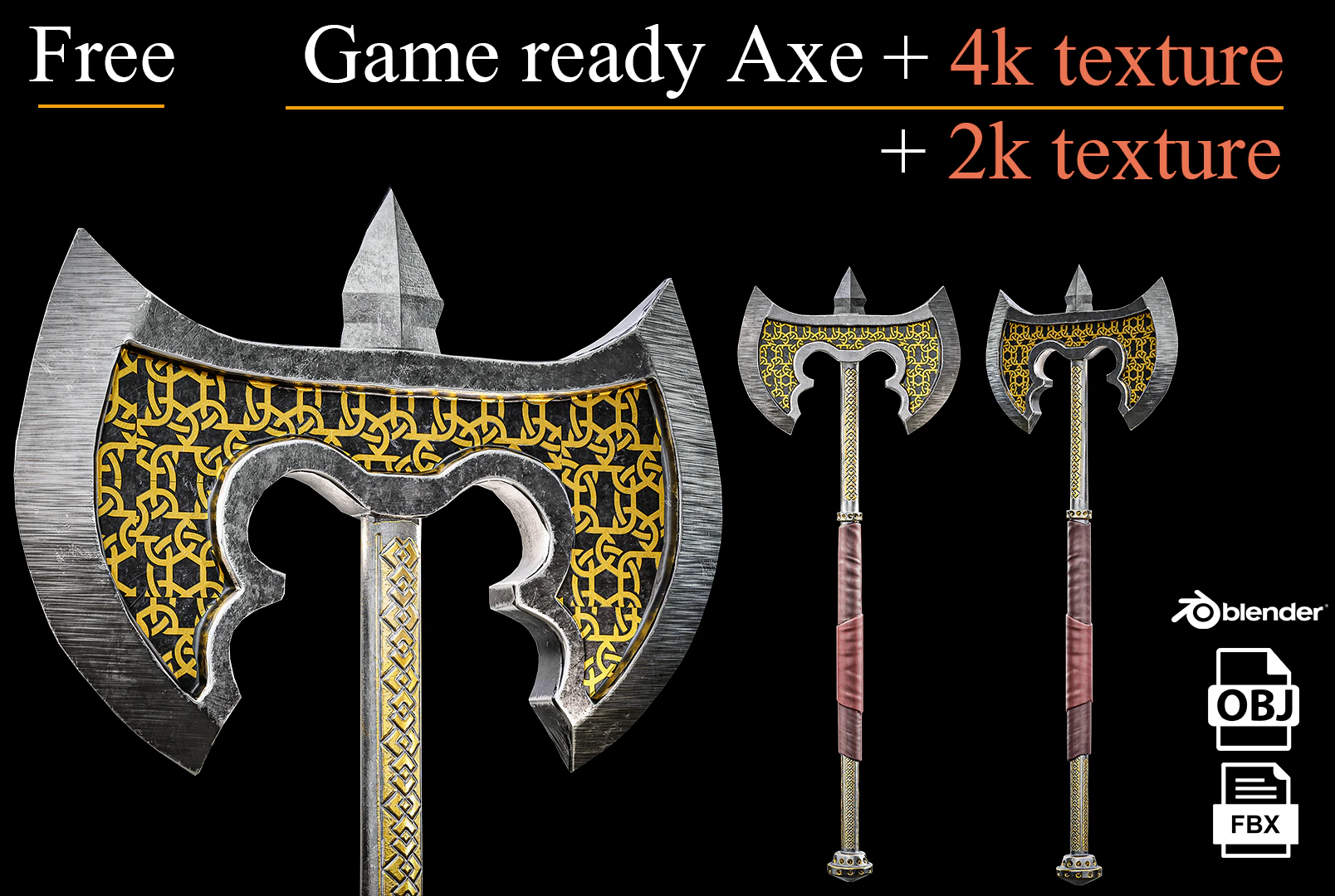 Free Game Ready Axe Low poly 3D Model .c4d .max .obj .3ds .fbx .stl .blend 