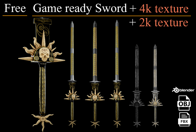 Free Game Ready Sword Low poly 3D Модель .c4d .max .obj .3ds .fbx .stl .blend 
