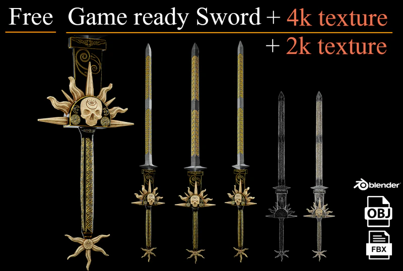 Juego gratuito Ready Sword Low poli Modelo 3D .c4d .max .obj .3ds .fbx .stl .blend 