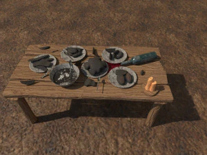 A wooden table with food 3D Model